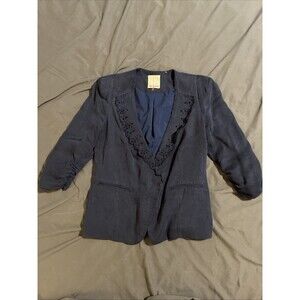 Rebecca Taylor Knock Me Out Blazer 3/4 Sleeve Scalloped Cutout Blue Classic Sz 6